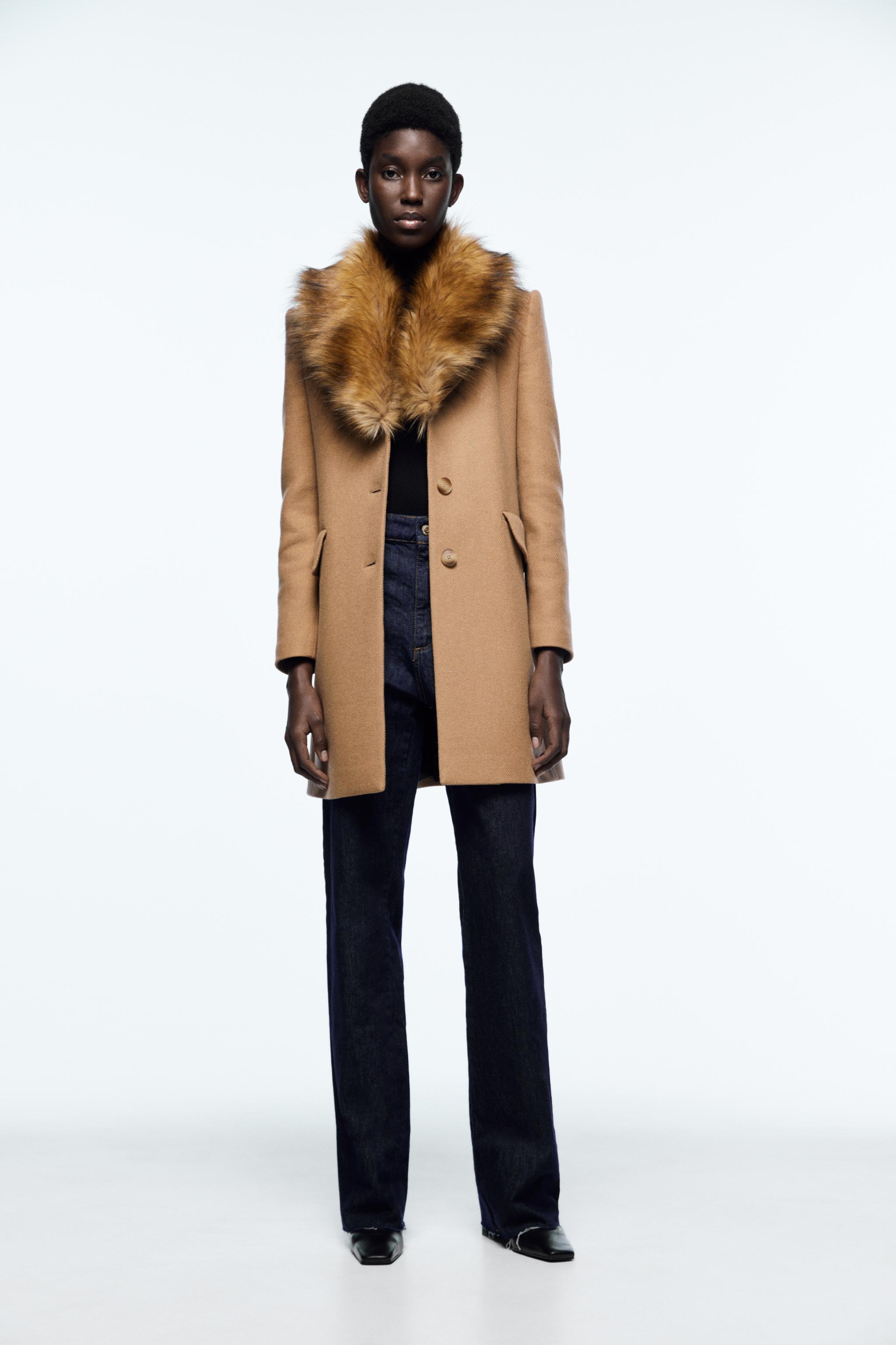 Coat with faux shops fur collar zara